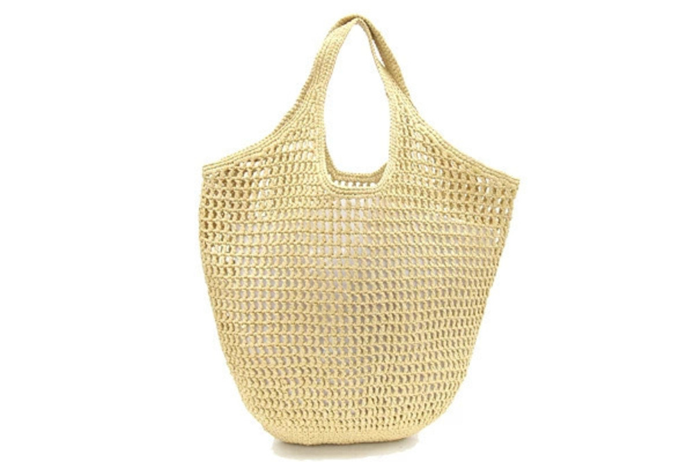 Prada Raffia Crochet Embroidery Triangle Basket Bag Tote Tan